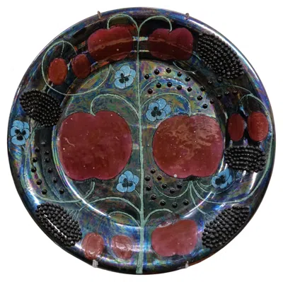 Pre-owned Arabia Unique Birger Kaipiainen Ceramic Plate In Luster Blues & Red With Beeds,
