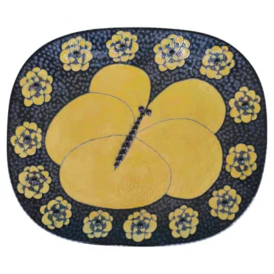 Pre-owned Arabia Unique Birger Kaipiainen Decorative Dish, Yellow Butterfly & Blooms,  1980