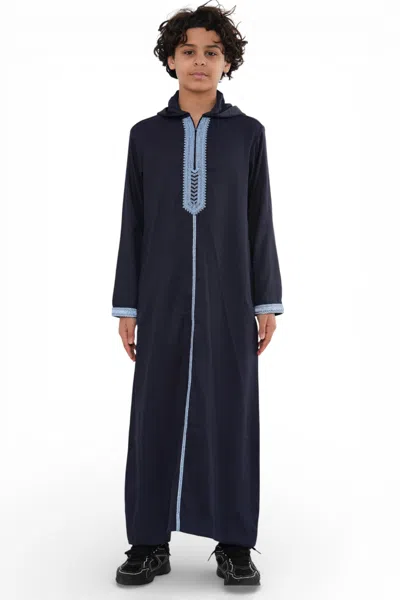 Arabic Thobes Kids Boys Navy Blue Eid Hooded Moroccan Thobe Robe Djellaba Ramadan Jubba- K-hm3 In Black