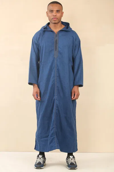Arabic Thobes Men's Blue Hooded Moroccan Thobe Djellaba Jubba Robe Eid