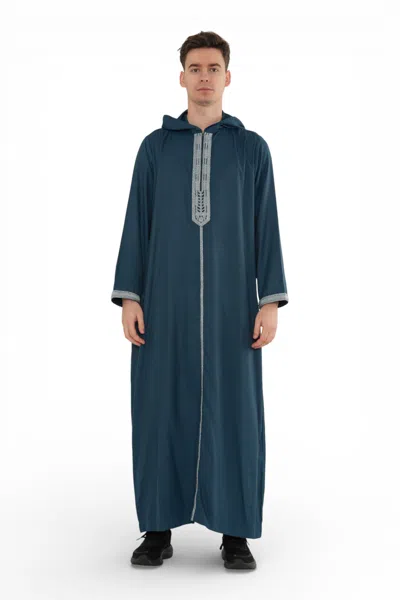 Arabic Thobes Men's Eid Aqua Green Hooded Moroccan Thobe Robe Djellaba Ramadan Jubba- Hm3 In Blue