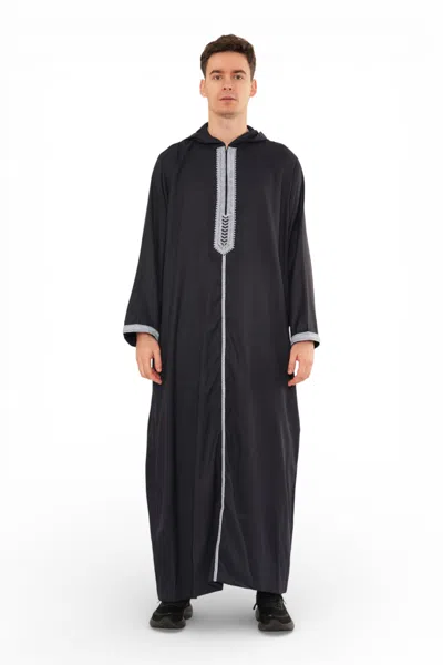 Arabic Thobes Men's Eid Navy Blue Hooded Moroccan Thobe Robe Djellaba Ramadan Jubba- Hm3 In Black