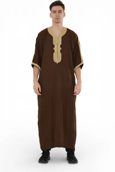 Arabic Thobes Men's Ramadan Brown Moroccan Thobe Robe Djellaba Gandoura Eid Jubba- Hm67