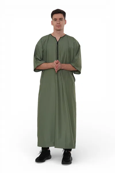 Arabic Thobes Men's Ramadan Olive Green Moroccan Gandoura Thobe Robe Djellaba Eid Jubba- Tt-006