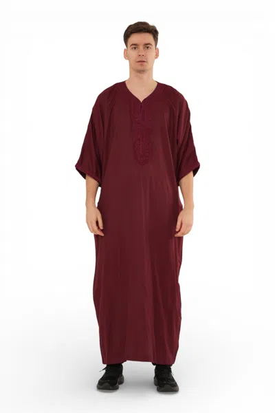 Arabic Thobes Men's Wine Red Moroccan Thobe Jubba Robe Eid Djellaba Gandoura - Hm62 In Burgundy