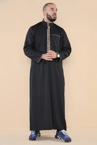Arabic Thobes Mens Black Thobe Jubba Emirati Islamic Arabic Eid Embroidery Kaftan Jubbah Robe