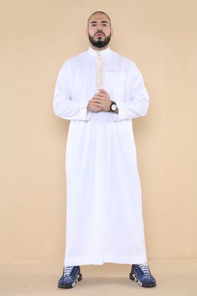 Arabic Thobes Mens White Thobe Jubba Emirati Islamic Arabic Eid Embroidery Kaftan Jubbah Robe In Pink