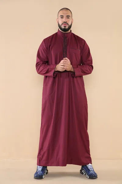 Arabic Thobes Mens Wine Thobe Jubba Emirati Islamic Arabic Eid Embroidery Kaftan Jubbah Robe In Burgundy
