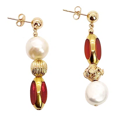 Pre-owned Aracheli Studio Amber Red Vintage German Window Glass Beads Edged With 24k Gold Mismatch Earring