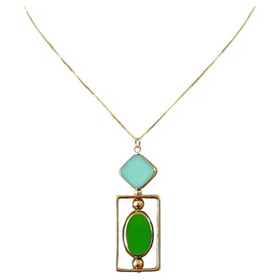 Pre-owned Aracheli Studio Blue And Green Vintage Glass Bauhaus 18k Gold-plated Silver Pendant Necklace