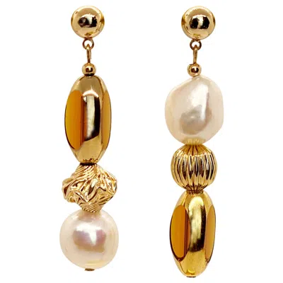 Pre-owned Aracheli Studio Golden Amber Vintage German Glass Beads Edged With 24k Gold Mismatch Earring In Brown