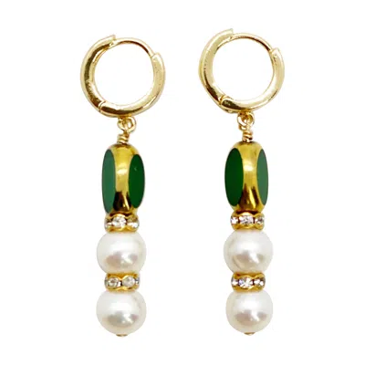 Pre-owned Aracheli Studio Pearls & Matte Green Vintage German Glass Beads Edged With 24k Gold Earrings