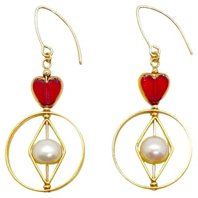 Pre-owned Aracheli Studio Red Heart X Pearl Geometric Earrings