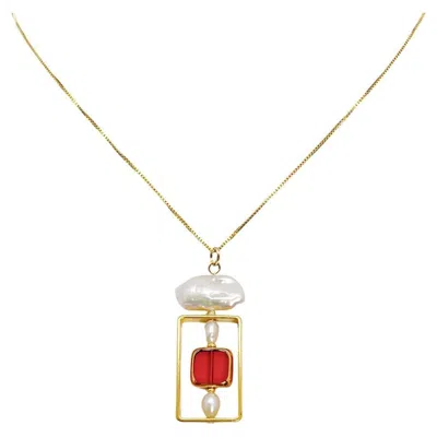 Pre-owned Aracheli Studio Red Translucent Square X Pearl Geometric Chain Necklace