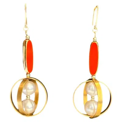 Pre-owned Aracheli Studio Reddish Orange Oblong German Beads & Orbital Pearl Earrings