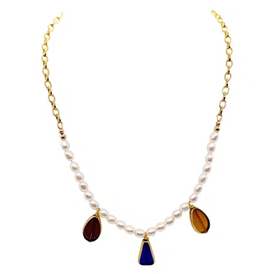 Pre-owned Aracheli Studio Trio Charm Vintage German Glass Bead On Freshwater Pearls And Chain In Sand