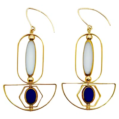 Pre-owned Aracheli Studio White Long Oval And Small Blue Oval Art Deco 2406e Earrings