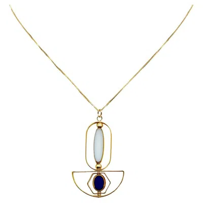 Pre-owned Aracheli Studio White Long Oval And Small Blue Oval Art Deco 2406n Chain Necklace