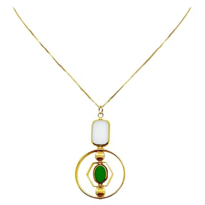 Pre-owned Aracheli Studio White Tile Shape And Small Green Oval Art Deco 2407n Chain Necklace