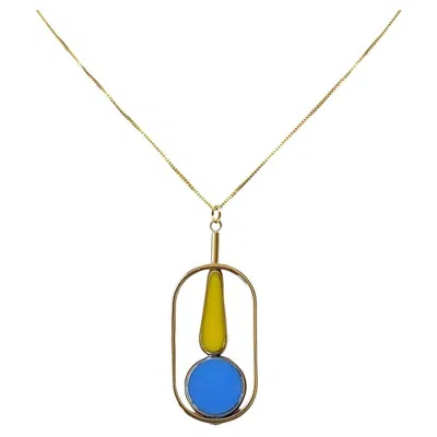 Pre-owned Aracheli Studio Yellow & Neon Blue Vintage Glass Bauhaus 18k Gold-plated Silver Pendant Necklace