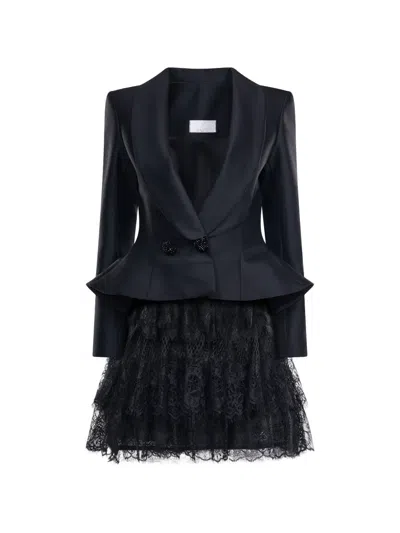 Araftu Lace-tiered Peplum Dress In Black