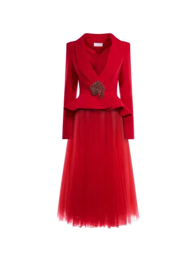 Araftu Peplum Tulle-panel Dress In Red