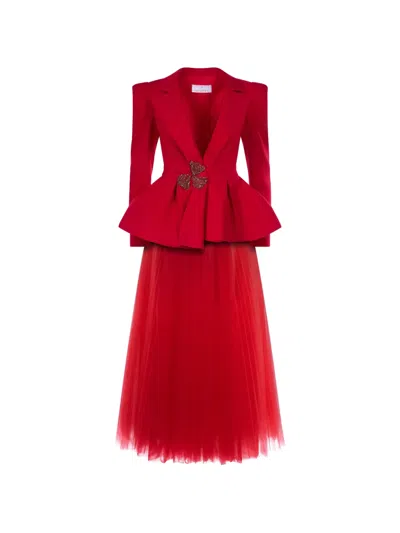 Araftu Peplum Tulle-panel Dress In Red
