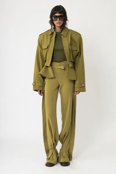 Arakii Cropped Frill Jacket In Olive Green