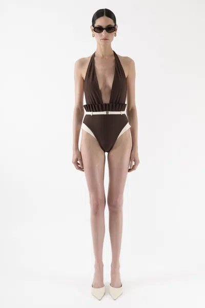 Arakii Deep V Pleated Swim Suit In Brown