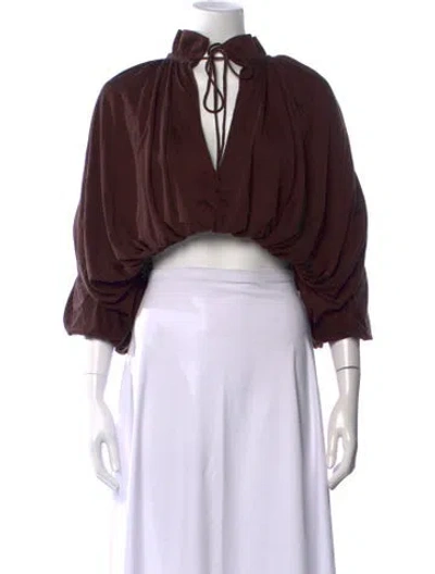 Pre-owned Arakii Tie Neck Three-quarter Sleeve Top W/ Tags In Brown