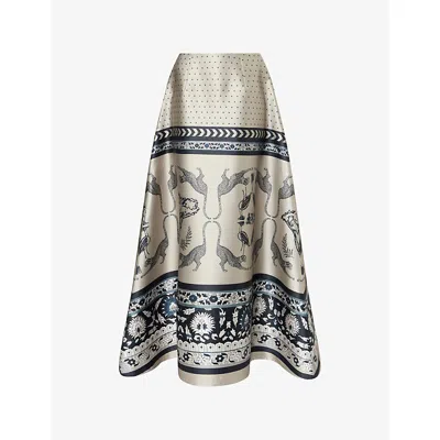 Aram Womens Beige And Black Printed Flared Woven Maxi Skirt