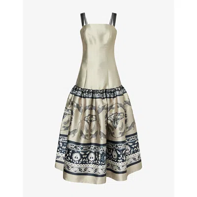 Aram Womens Beige And Black Printed Flared Woven Maxi Dress