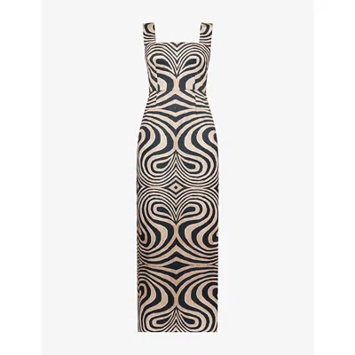Aram Womens Black And Brown Striped Square-neck Woven Maxi Dress