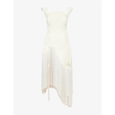 Aram Womens Cream Fringed Bouclé Woven Midi Dress