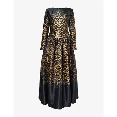 Aram Womens Leopard Gold Leopard Flared Woven Maxi Dress
