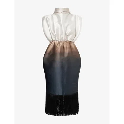 Aram Womens Fringed Funnel-neck Woven Midi Dress Ombre