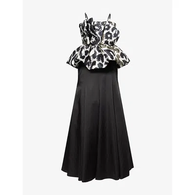 Aram Womens White And Black Leopard Leopard Peplum Woven Maxi Dress