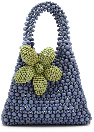 Aranaz Flora Beaded Top Handle Bag In Blue