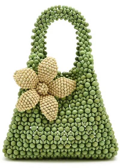 Aranaz Flora Beaded Top Handle Bag In Green