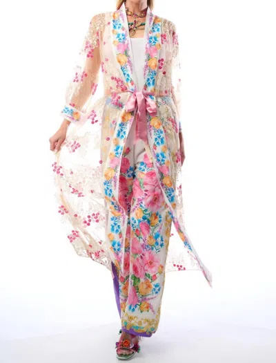Aratta Blossom Duster Beaded Floral Coat Robe In White/fuchsia/tea Mesh Combo In Metallic
