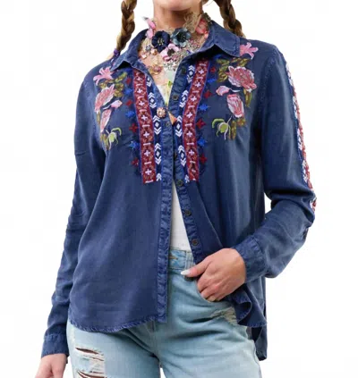 Aratta Crafted Embroidered Button-down Shirt In Denim Blue In Multi