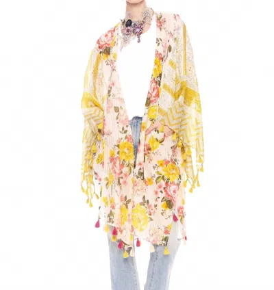 Aratta Floral Print Metallic Stipe Kimono In Mustard In White