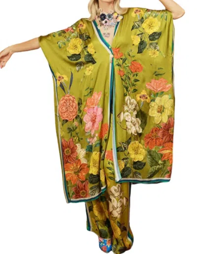 Aratta French Riviera Hand-beaded Kimono In Olive Floral In Green