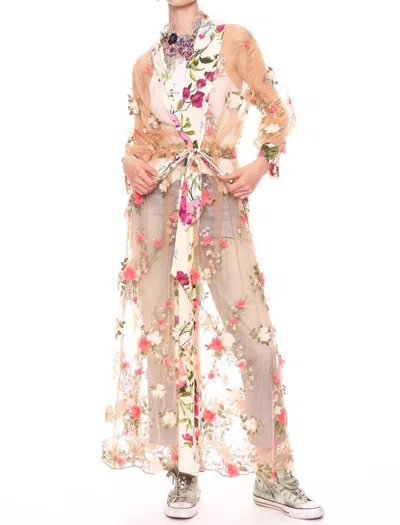 Aratta Long Sleeve Fantasy Kimono In Pink Floral Embroidery