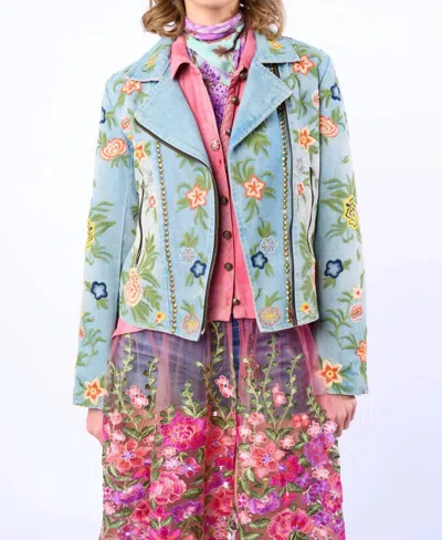 Aratta Lucinda Embroidered Denim Jacket In Green Multi In Blue