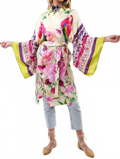 Aratta Printed Beaded Kimono In Ivory Multi