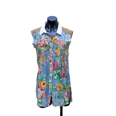 Aratta Silent Journey Floral Embroidered Sleeveless Button-down Shirt In Blue Floral