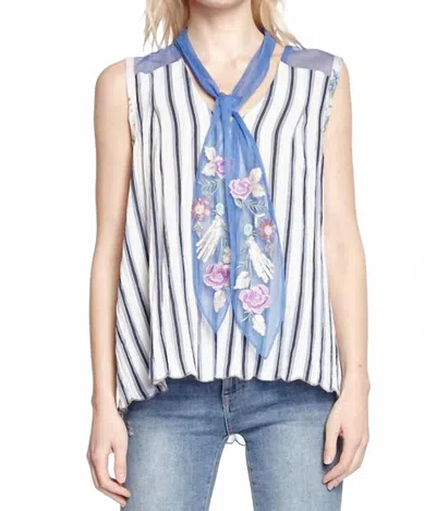 Aratta Sleeveless Sequin Embroidered Mesh Neck Tie Top In White/blue Stripe In Multi
