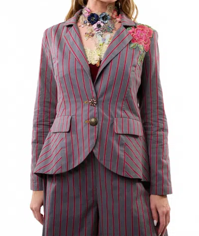 Aratta Statement Stripe Button Up Blazer In Gray/red Stripes In Animal Print