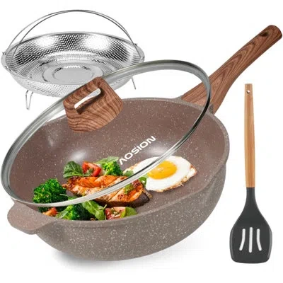 Arc 11 Inch Nonstick Deep Frying Pan Skille With Lid,5qt Sauté Pan For Cooking With Steam Rack,healthy L In Brown